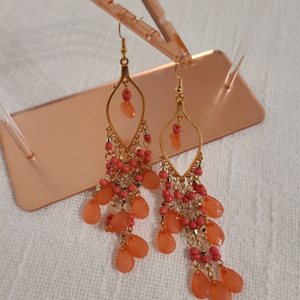 Elegant Gold and Orange Chandelier Earrings